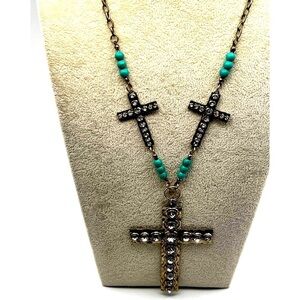 Vintage Rhinestone & Faux Turquoise Cross Necklace  A27